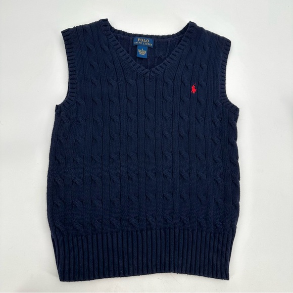 Polo Ralph Lauren Sweater Vest Boys sz 6 Navy Blue VNeck Logo Cable Knit Preppy - Picture 1 of 7